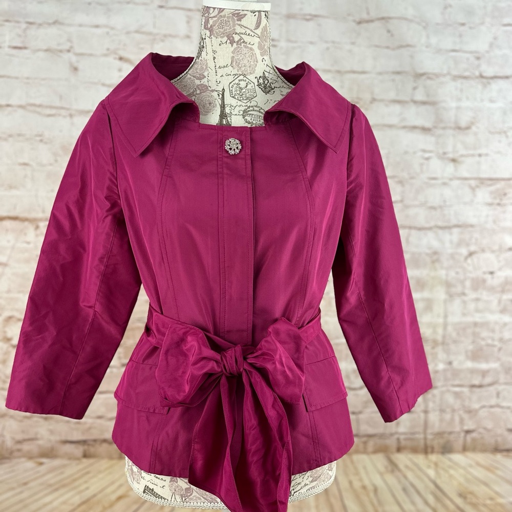 Teri Jon Rickie Freeman 100% silk taffeta cropped jacket wide tie belt Fuchsia 6